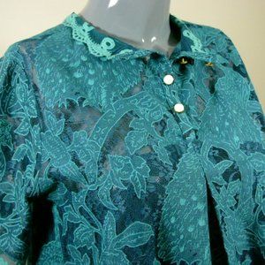 Vintage Teal Green Lace Blouse, Romantic Semi-Sheer Top, Size 8